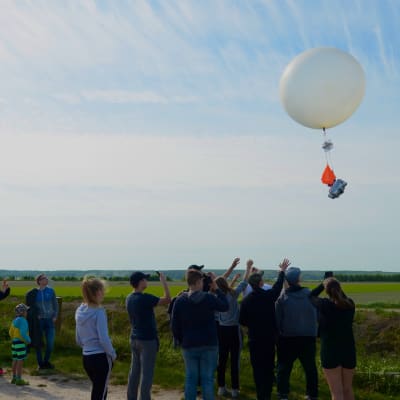 En grupp människor ser på då en väderballong svävar iväg.