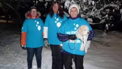tre damer, Mirja Koponen, Synnöve Lindholm och Karin Svahnström med vita hunden Albert i famnen poserar i ett snöigt, vintrigt landskap en kväll i november. De tre damerna har turkosa Gåkampen t-skjortor ovanpå sina ytterrockar.