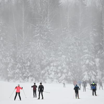 Många skidåkare på Oitans skidspår i Esbo den 2 december 2023.