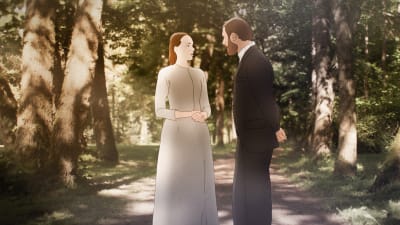 Georg och Elisabeth står som animerade figurer i en park.