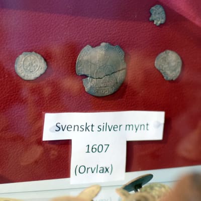Flera gamla mynt i en monter. På en lapp står det "Svenskt silvermynt 1607 (Orvlax)".