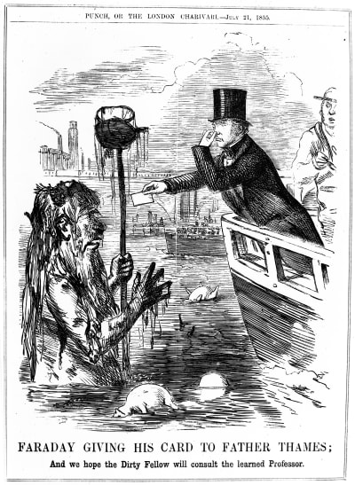 Karikatyr föreställande fysikern Michael Faraday som observerar den förorenade Themsen.