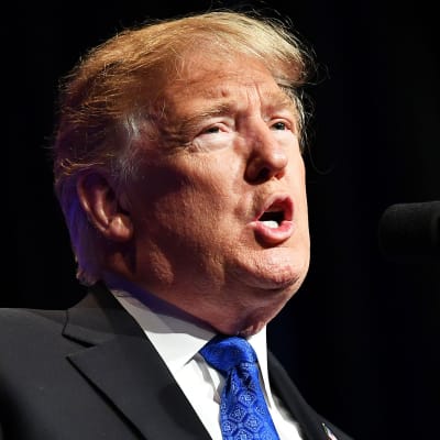 Donald Trump talar i mikrofon.