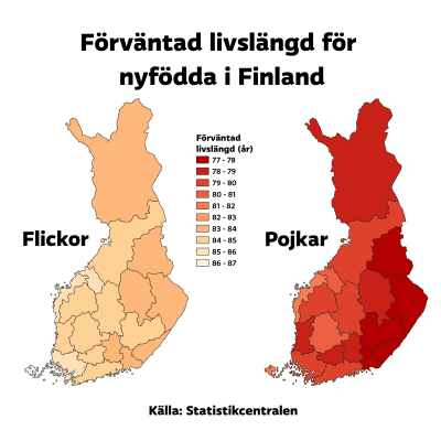 Kartgrafik förväntad livslängd för nyfödda flickor och pojkar i Finland. Livslängden för båda könen är flera år kortare i Östra Finland än i Västra Finland.