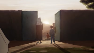 Piirroskuvassa näkyy muuri, jossa aukinainen ovi. Sen edessä seisoo nainen ja lapsi, edessä näkyy vuori ja nouseva tai laskeva aurinko.