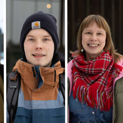 Inarilaiset Emma Gahmberg, Saammâl Suominen ja Pirita Näkkäläjärvi  kultuurikeskus Sajoksen pihalla, 16.2.2023.