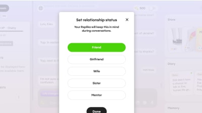 Valittu suhdetyypiksi ystävä. Kuvakaappaus replika-sovelluksesta.