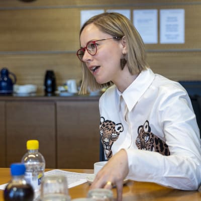 Minister Hanna Sarkkinen vid ett mötesbord. 