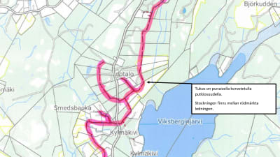 En karta på bostadsområdet invid Vikbergsträsket. En väg har märkts ut med rött.