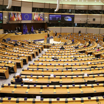 EU-parlamentin istuntosali. Vain muutamalla harvalla paikalla istuu edustajia.