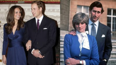 Hertiginnan Catherine och prins Williams förlovningsfoto taget i november 2010 tillsammans med förlovningsfotot på prinsessan Diana och prins Charles som togs i februari 1981.