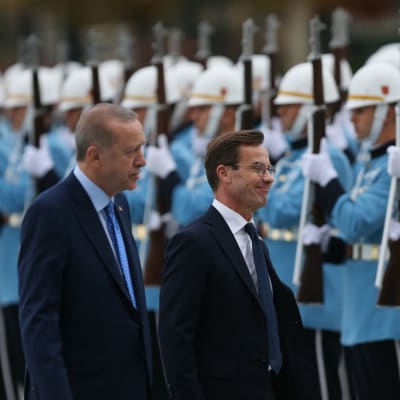 Turkin presidentti Recep Tayyip Erdoğan ja Ruotsin pääministeri Ulf Kristersson tarkastavat kunniakaartia Ankarassa marraskuussa 2022.
