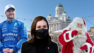 Bildmontage. I bakgrunden Helsingfors domkyrka, inklippta i förgrunden är Valtteri Bottas, Sanna Marin och julgubben.