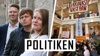 Delad bild med protesterna vid Helsingfors universitet till höger och Yleredaktörerna Magnus Swanljung, Joakim Rundt och Marianne Sundholm till vänster, med texten Politiken över bilden. 