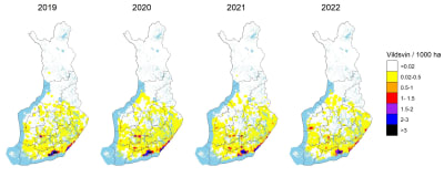 Kartor över förekomsten av vildsvin i Finland under fyra år. 