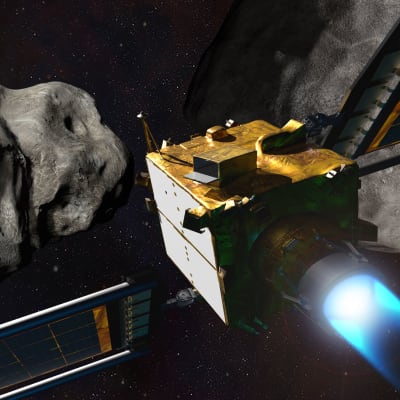 Animation som visar hur en rymdsond håller på att kollidera med en asteroid för att ändra dess bana. 