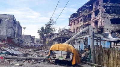 Ett kvarter i Marawi som ligger i ruiner efter strider mellan islamistrebeller och filippinska trupper. 5.6.2017