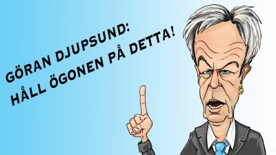 Karikatyr av Svenska Yles valexpert Göran Djupsund