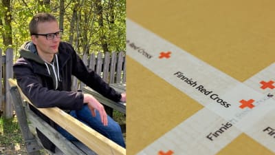 Mats Gädda på en parkbänk och en låda med röda korsets tejp.