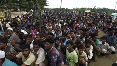 Burmesiska Rohingya-flyktingar väntar på mat i ett flyktingläger i Bangladesh.