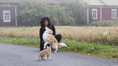 Emilia Jansson står på en väg tillsammans med sin hund och en av sina katter. 