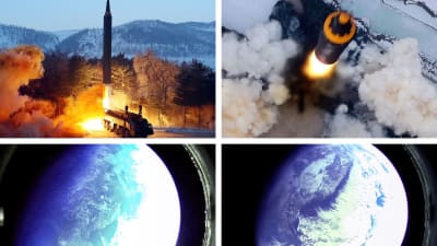 De här bilderna publicerades av Nordkoreas statliga nyhetsbyrå KCNA och bilderna på jordklotet sägs vara tagna från medeldistansmissilen av typen Hwasong-12.