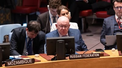 Rysslands FN-ambassadör Vassilij Nebenzia under säkerhetsrådets debatt på tisdagen. 