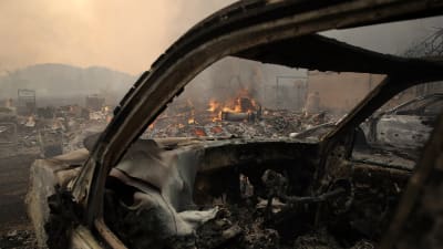 Förstörelse i Glen Ellen, Sonoma efter att en storbrand rasat genom staden. 