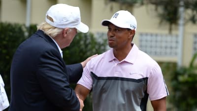 Donald Trump och Tiger Woods träffades och fastnade på bild 2014.