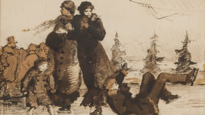 Skiss av Helene Schjerfbeck föreställande två damer och en flicka och pojke som skrinnar. Pojken har fallit omkull. Signerad och daterad år 1879.