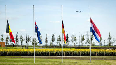 Flaggor på halvstång vid monumentet som hedrar minnet av passagerarna på MH17.