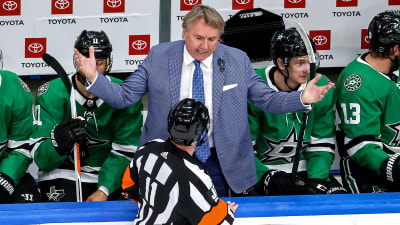 Rick Bowness snackar med domaren.