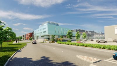 Illustation av hotell och Citymarket vid västra åstranden i Borgå