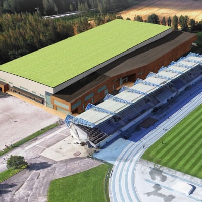 Arkitektbild över ny idrottshall i Alberga, här ser man hur hallen ligger precis intill stadions läktare
