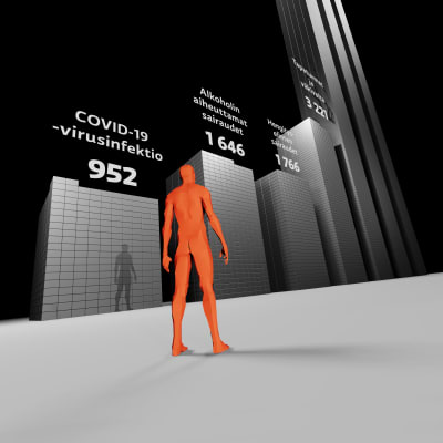 3D-Kuva ihmishahmosta joka seisoo pilvenpiirtäjiä muistuttavien tornien edessä.
