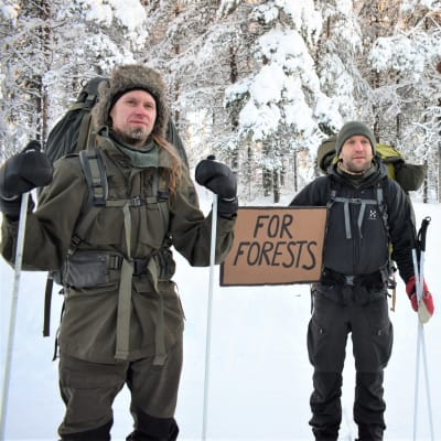 Tre personer på skidor i en snöig skog. En av dem har en skylt med orden "för skogar" i handen.