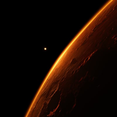 En illustration av den röda planeten Mars mot en bakgrund av svart rymd och en liten prick i bakgrunden som är solen.