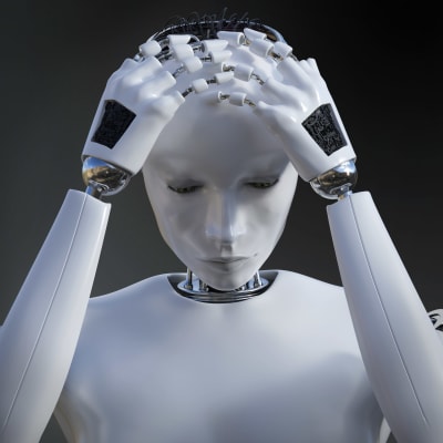 En humanoid robot som ser ledsen ut.