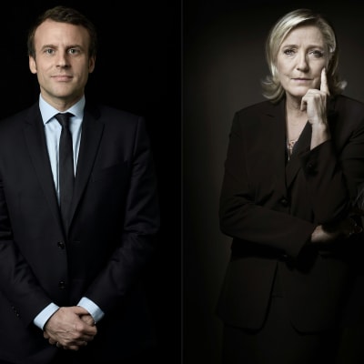 Emmanuel Macron och Marine Le Pen i två porträtt som kombinerats.