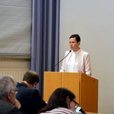 Maarit Feldt-Ranta står i en talarstol.