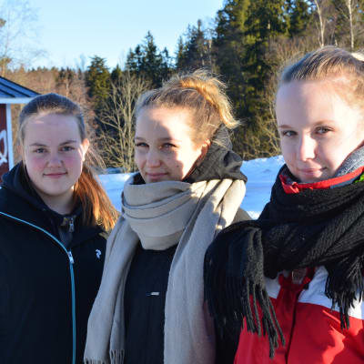 tre flickor i vinterlandskap