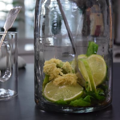 Lime skivor, mynta och ingefära i en glaskanna