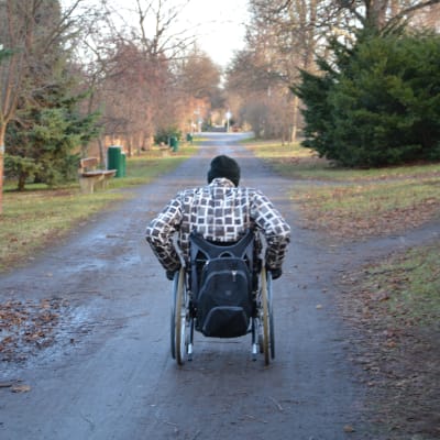 En person i rullstol åker fram på en smal väg eller gångväg i höstlandskap. 