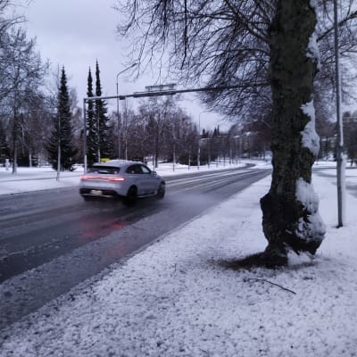 Luminen tie ja puisto Kuopiossa räntäsateen jäljiltä.