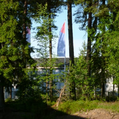 Lastbilstillverkaren Sisus fabrik och företagets flagga skymtar bakom träd.