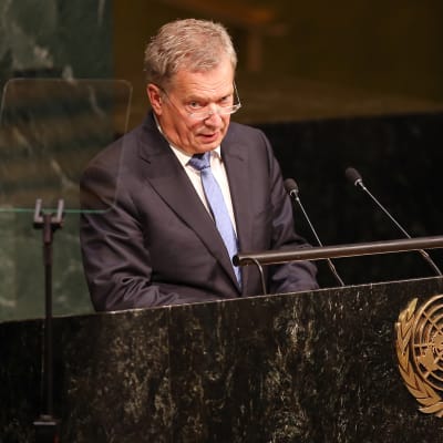 President Sauli Niinistö talar vid FN-konferens i New York den 25 september 2015.