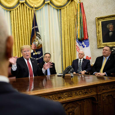 Donald Trump talar med förhandlingsdelegationerna inför deras möte på torsdagen 31.1.