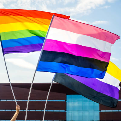 Tre flaggor: Prideflaggan, flagga för ickebinära och flagga för genderfluida personer.