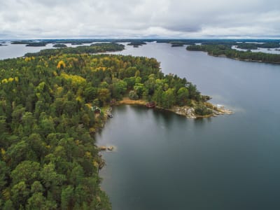 En flygbild av Tovö i Ekenäs skärgård, massor av skog och vatten.
