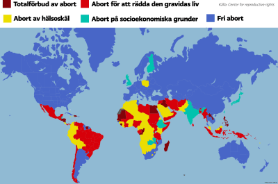 En karta av världen. Länderna är färgkodade enligt ländernas abortlagstiftning.